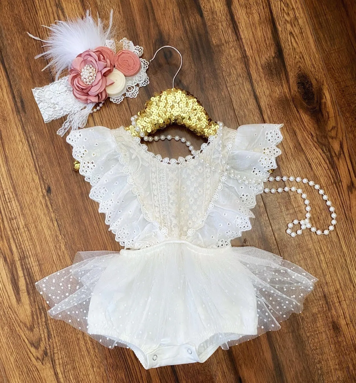 $15.00 EA - 3-6M X 2 - *BEST SELLER* Aurora Ivory/White Lace Vintage Romper