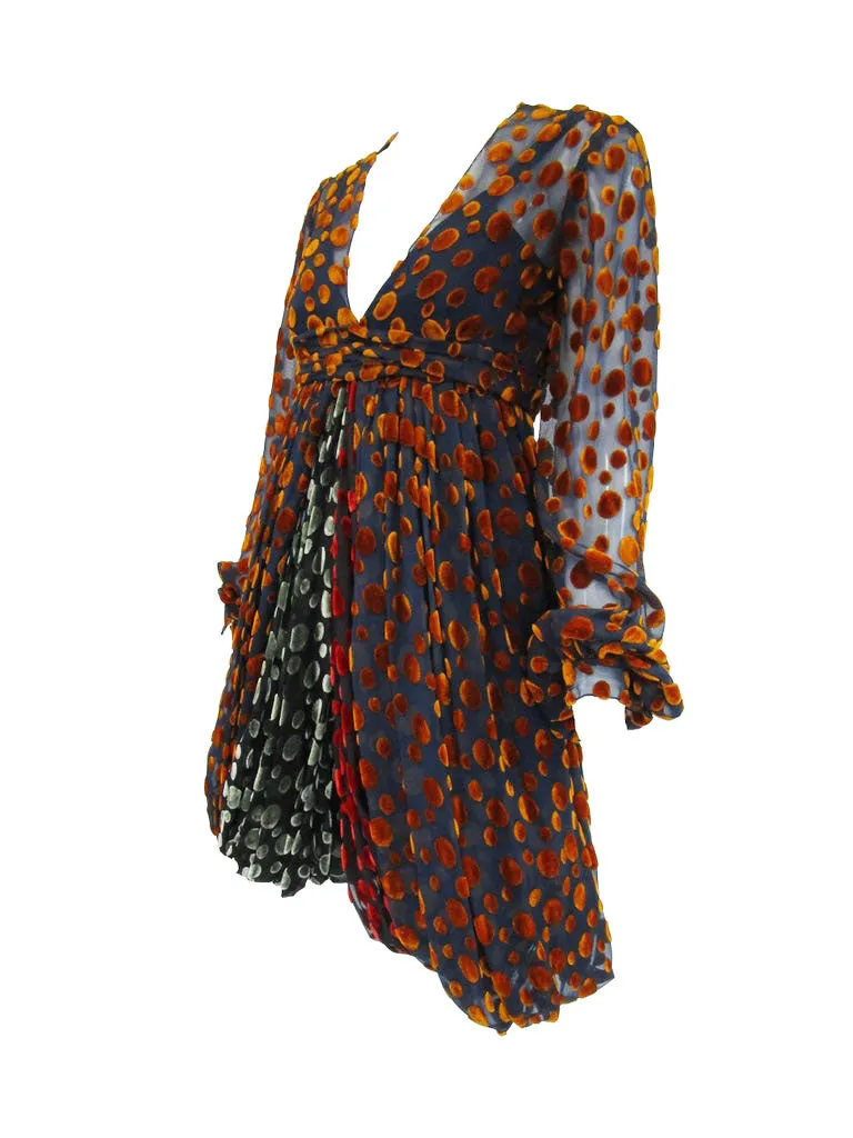 1970s Cardinali Multi-Colored Burnout Velvet Polka Dot Romper