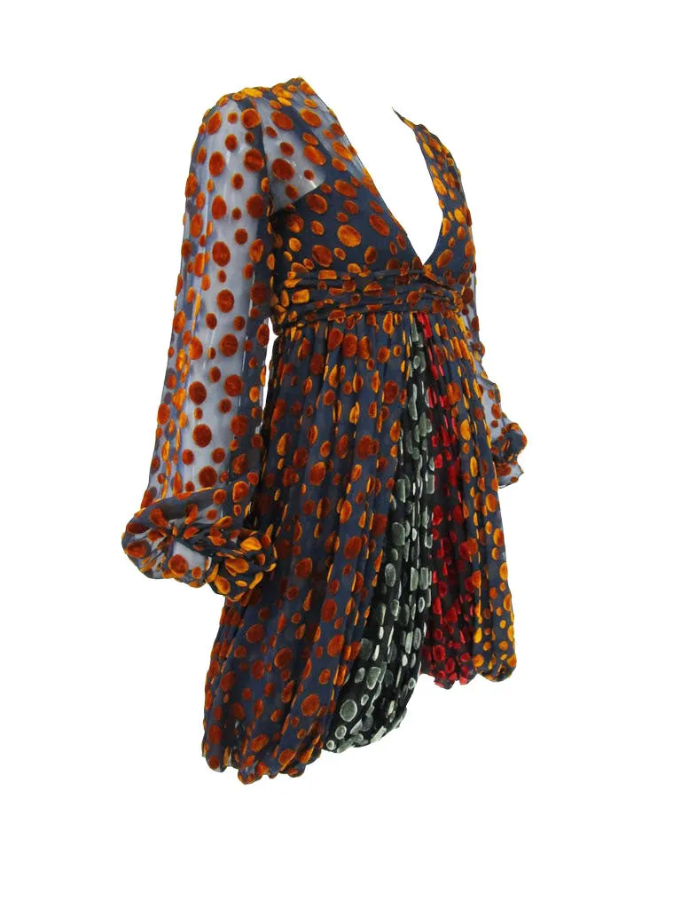 1970s Cardinali Multi-Colored Burnout Velvet Polka Dot Romper