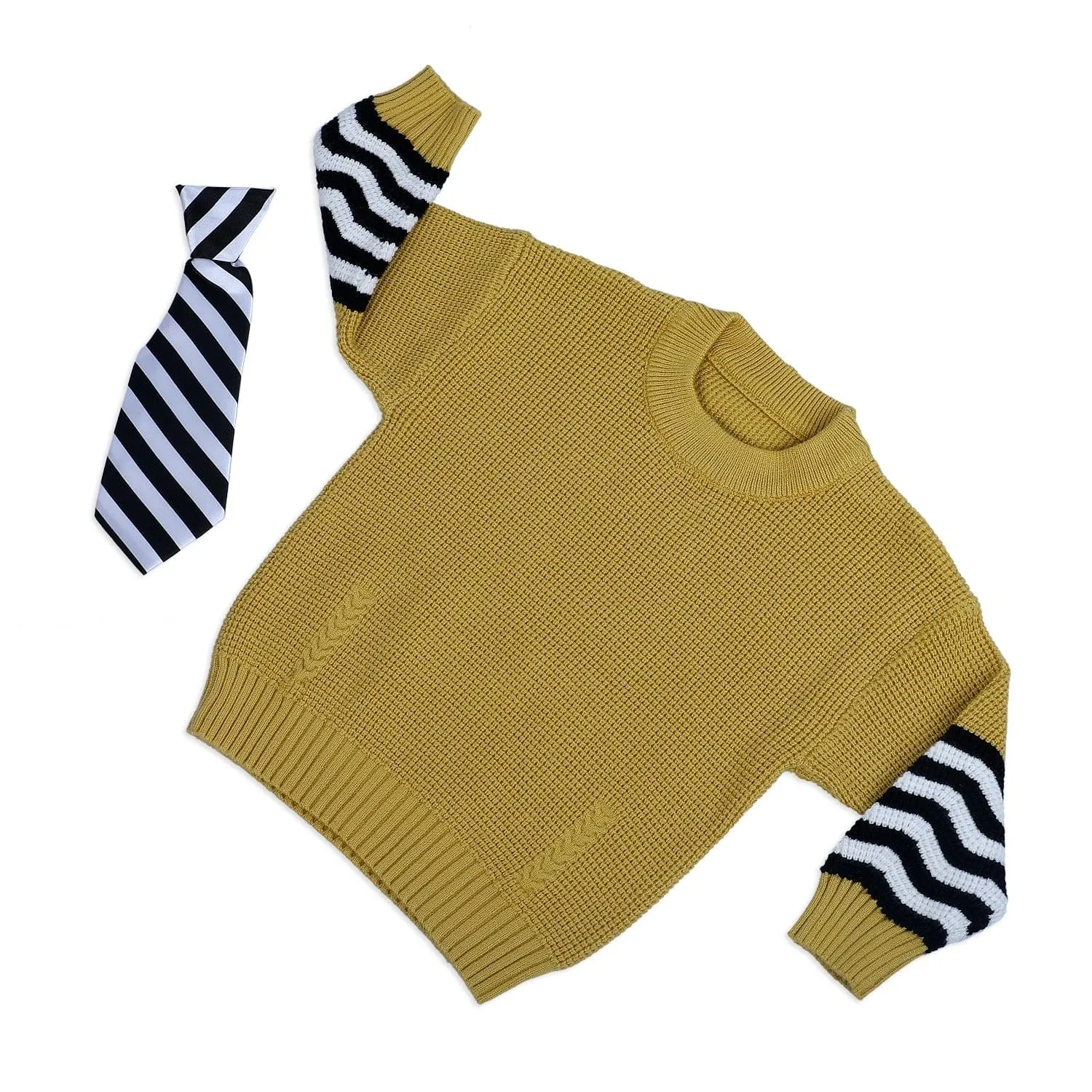 3D Neck Tie Premium Full Sleeves Knitted Sweater - Mustard