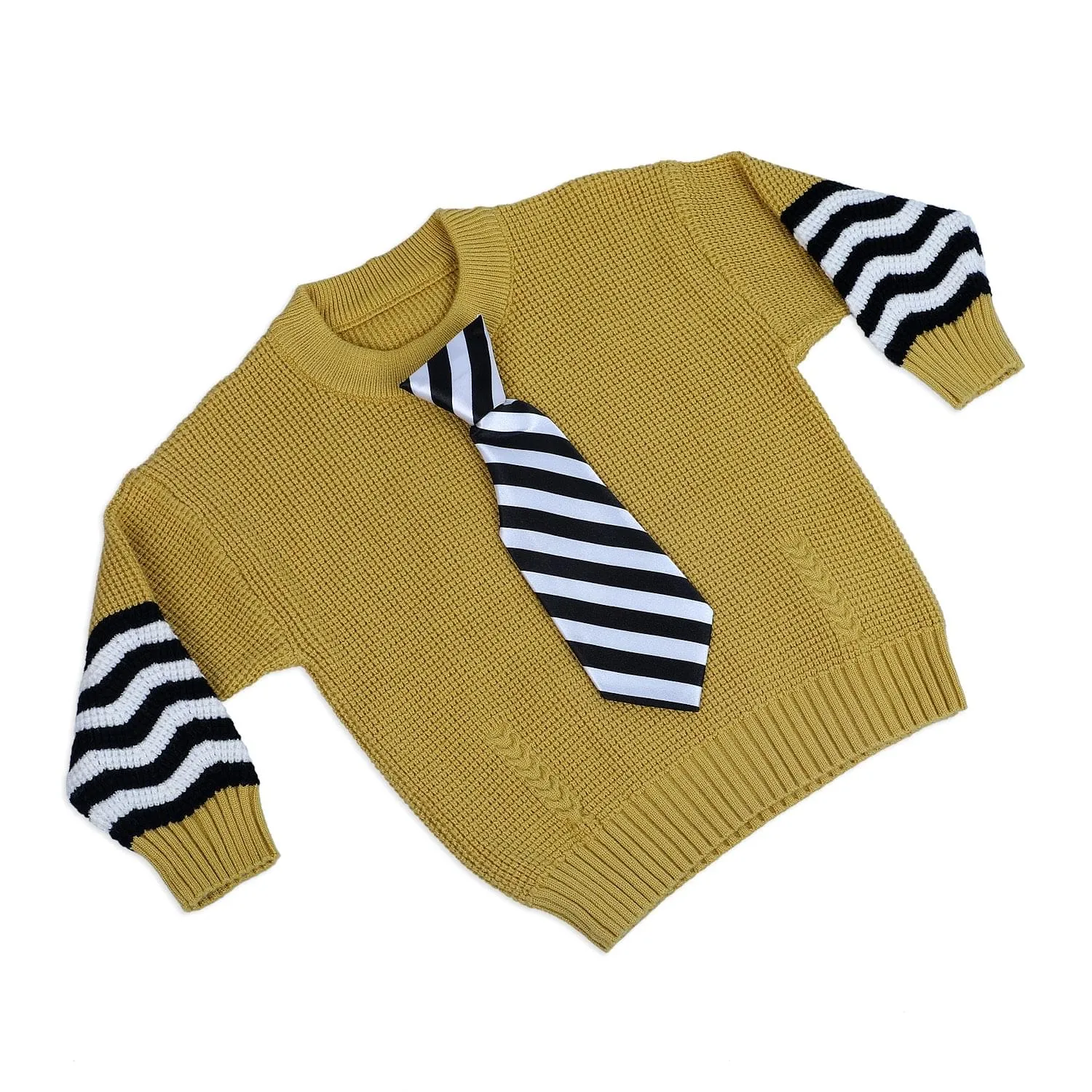3D Neck Tie Premium Full Sleeves Knitted Sweater - Mustard
