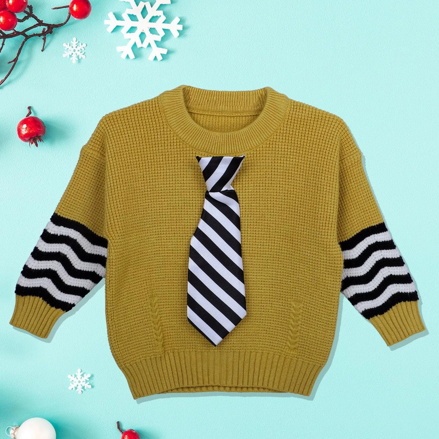3D Neck Tie Premium Full Sleeves Knitted Sweater - Mustard