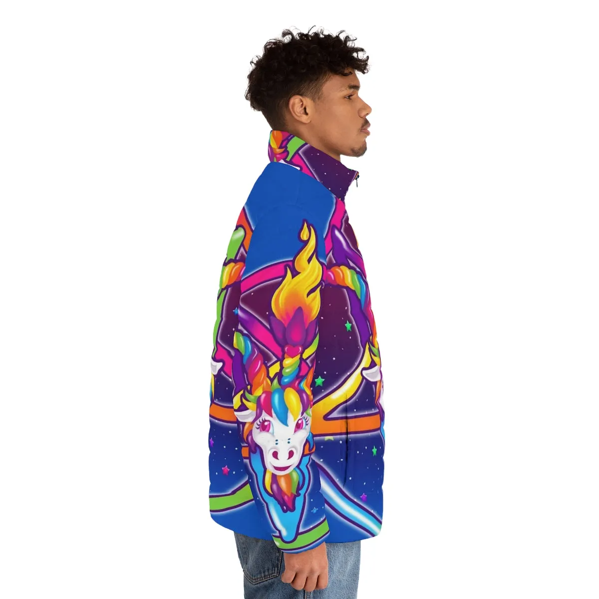 90s Retro Rainbow Neon Baphomet Puffer Jacket