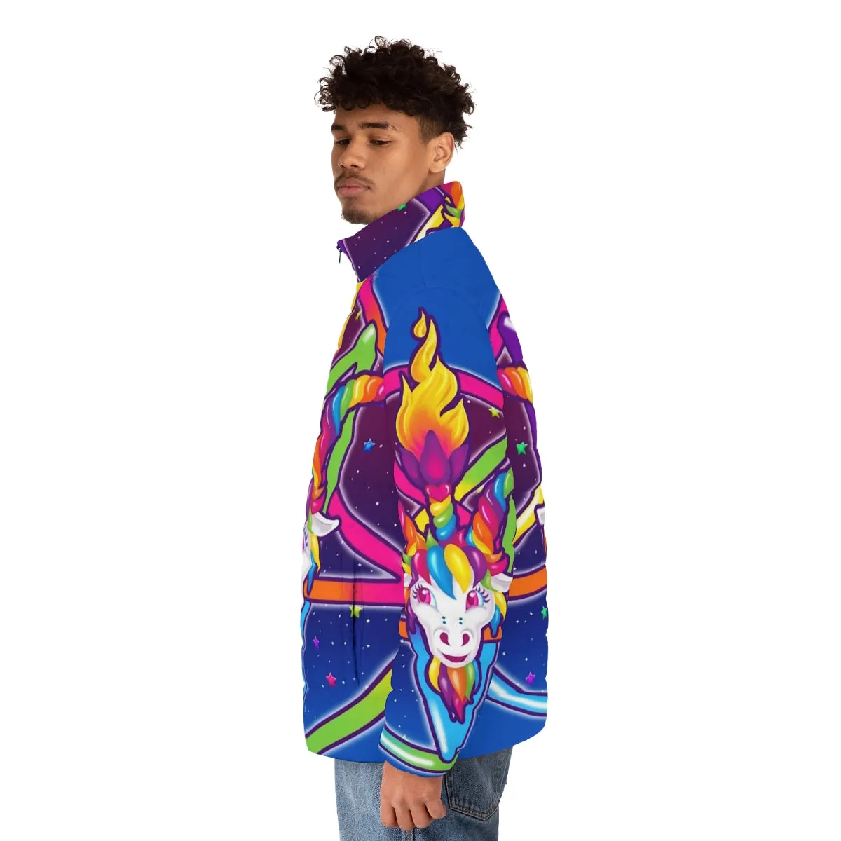 90s Retro Rainbow Neon Baphomet Puffer Jacket