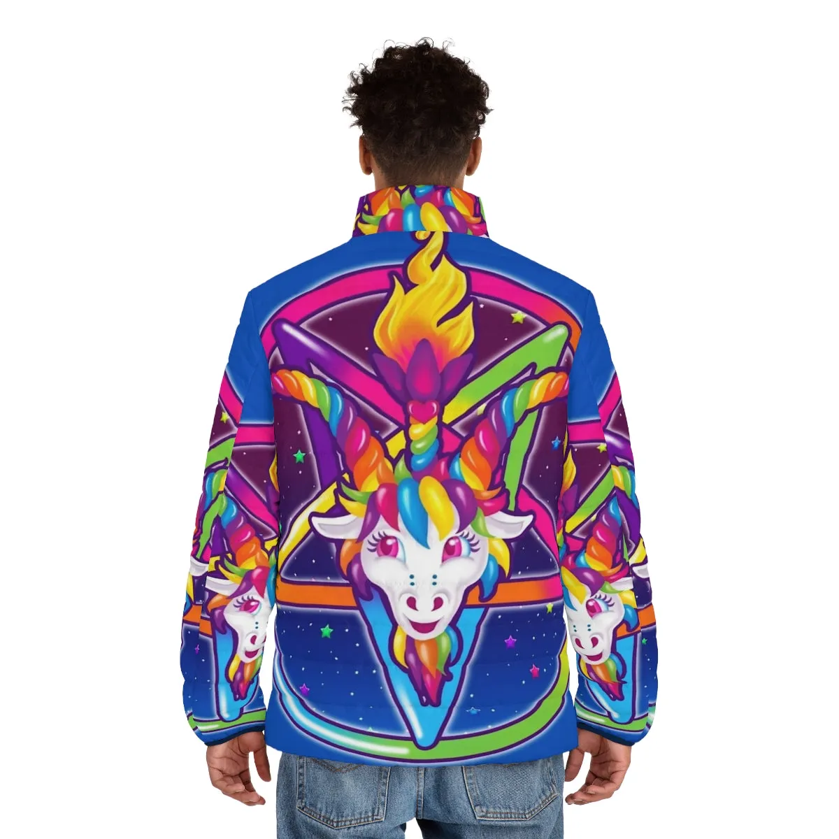 90s Retro Rainbow Neon Baphomet Puffer Jacket