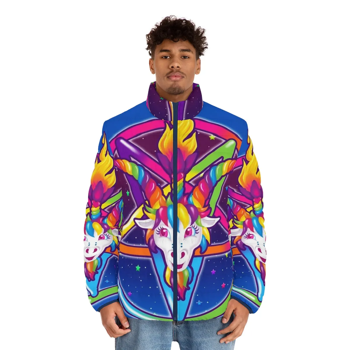 90s Retro Rainbow Neon Baphomet Puffer Jacket