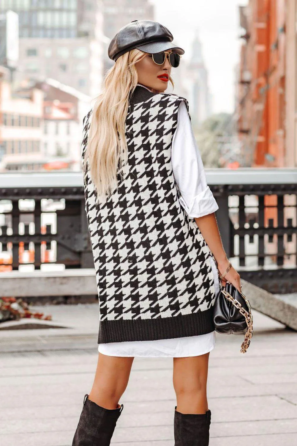 Blue Zone Planet |  Houndstooth Ribbed Trim Sweater Vest Dress