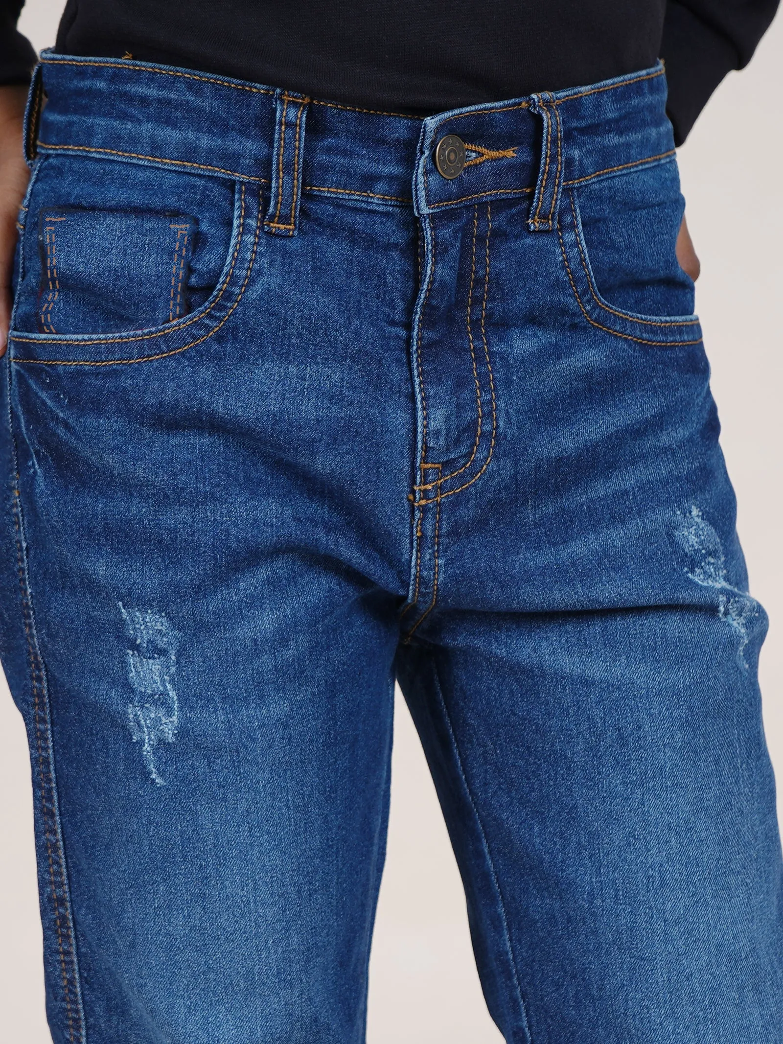 Boys Full Length  Denim Jeans With Mild Distress