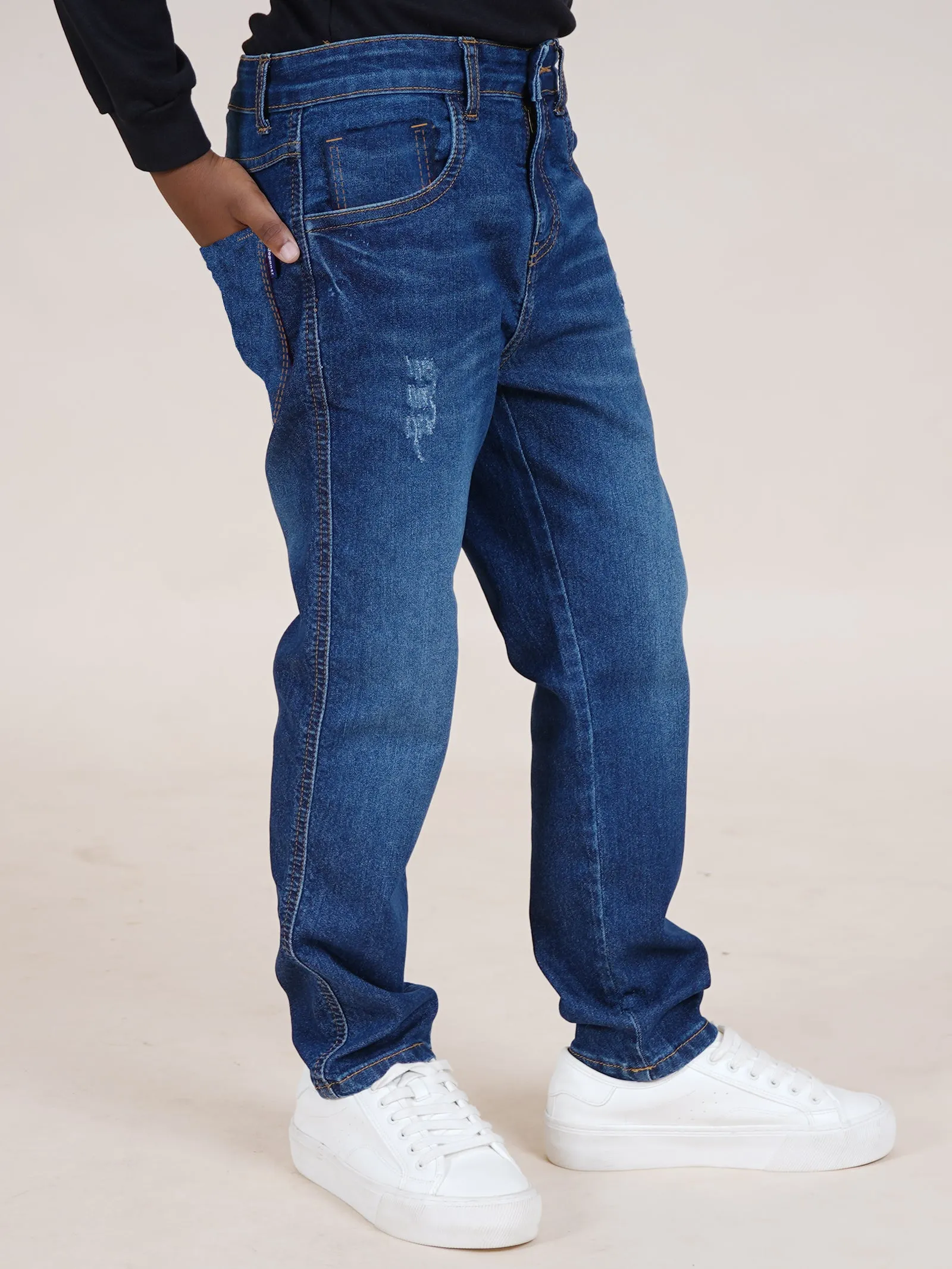 Boys Full Length  Denim Jeans With Mild Distress
