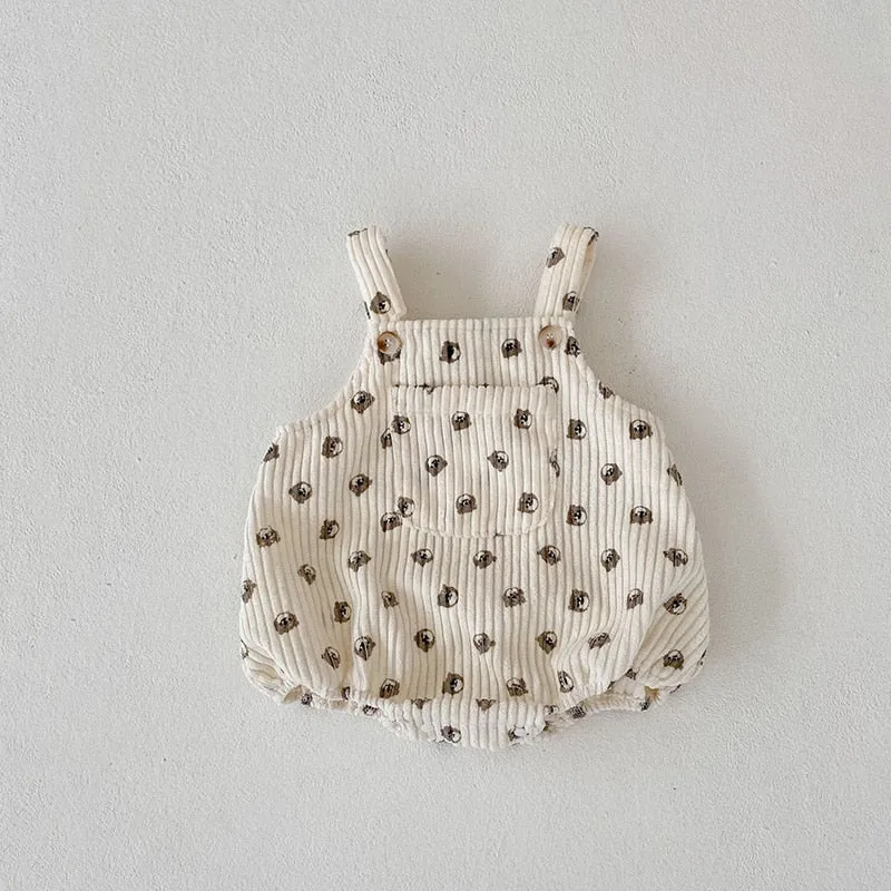 Corduroy Printed Suspender Romper