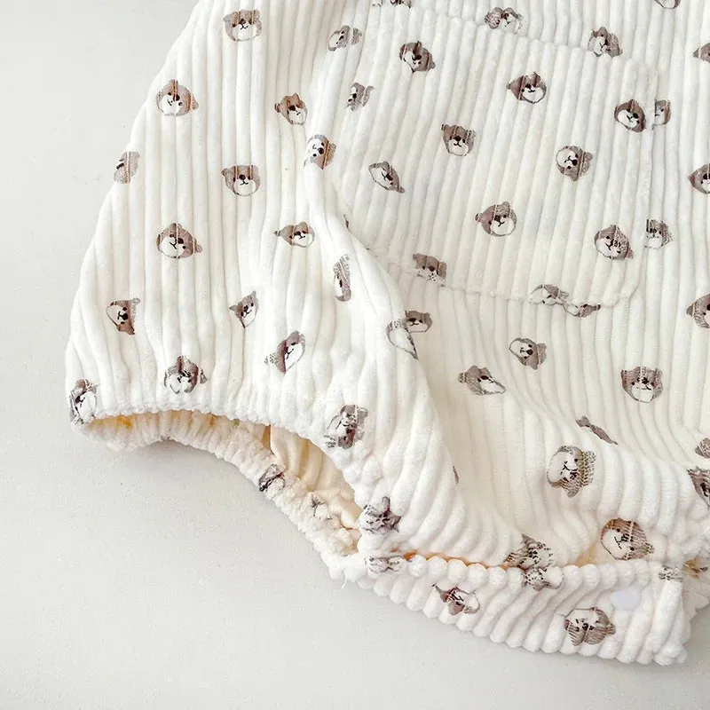 Corduroy Printed Suspender Romper