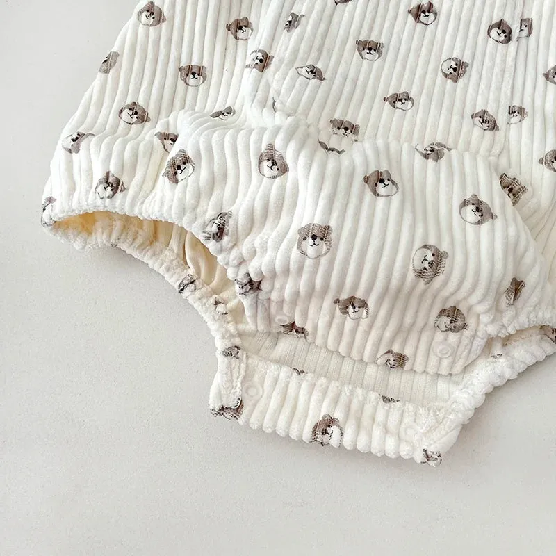 Corduroy Printed Suspender Romper
