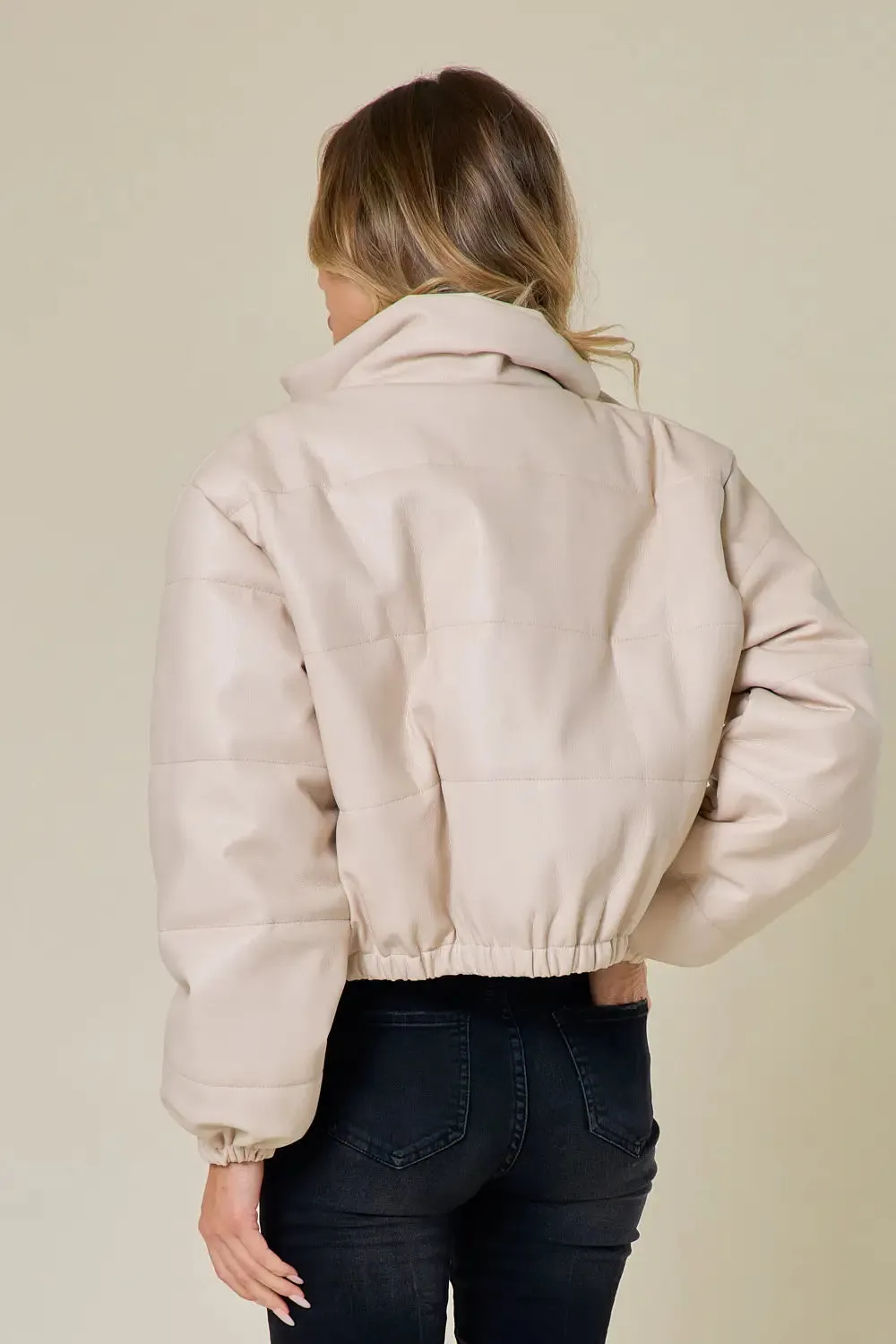 Cream Leather Puffer Jacket