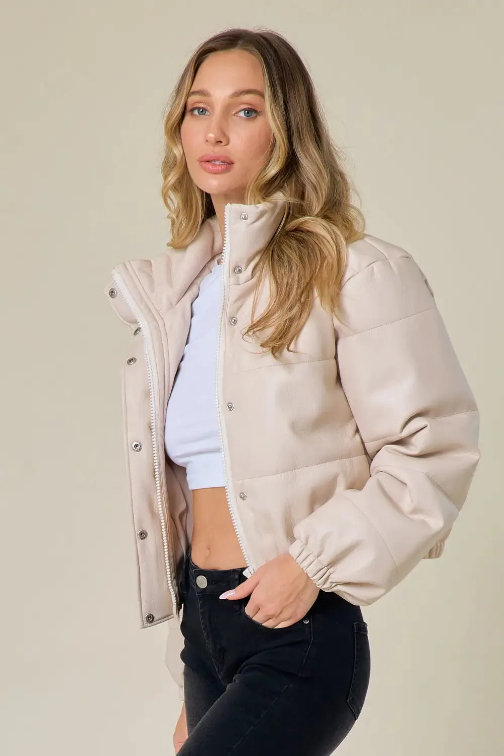 Cream Leather Puffer Jacket