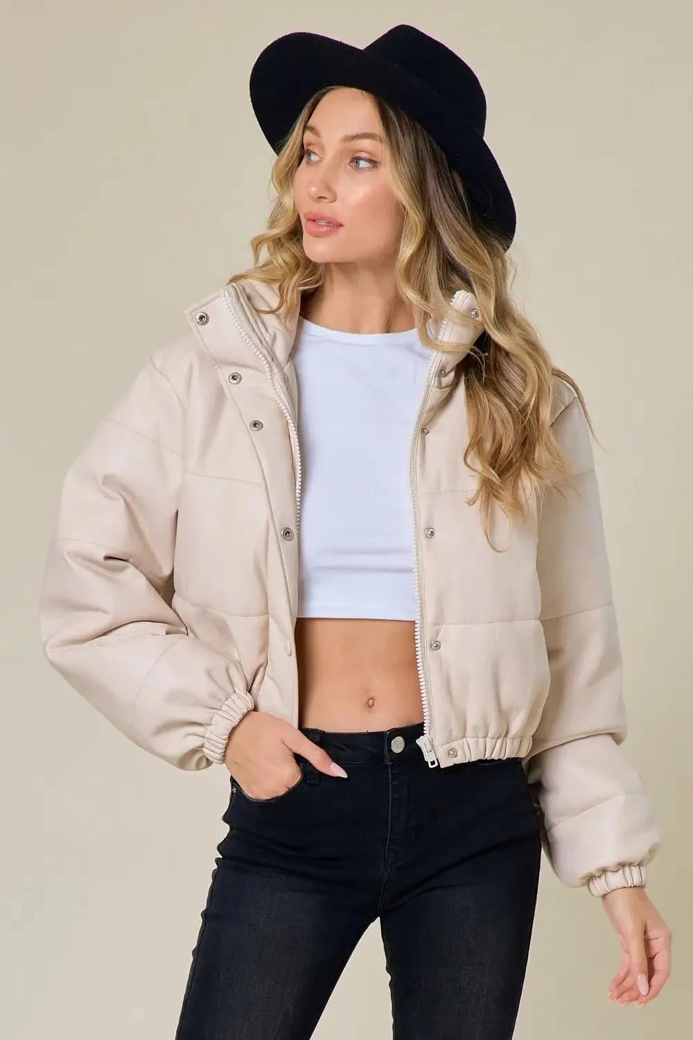 Cream Leather Puffer Jacket