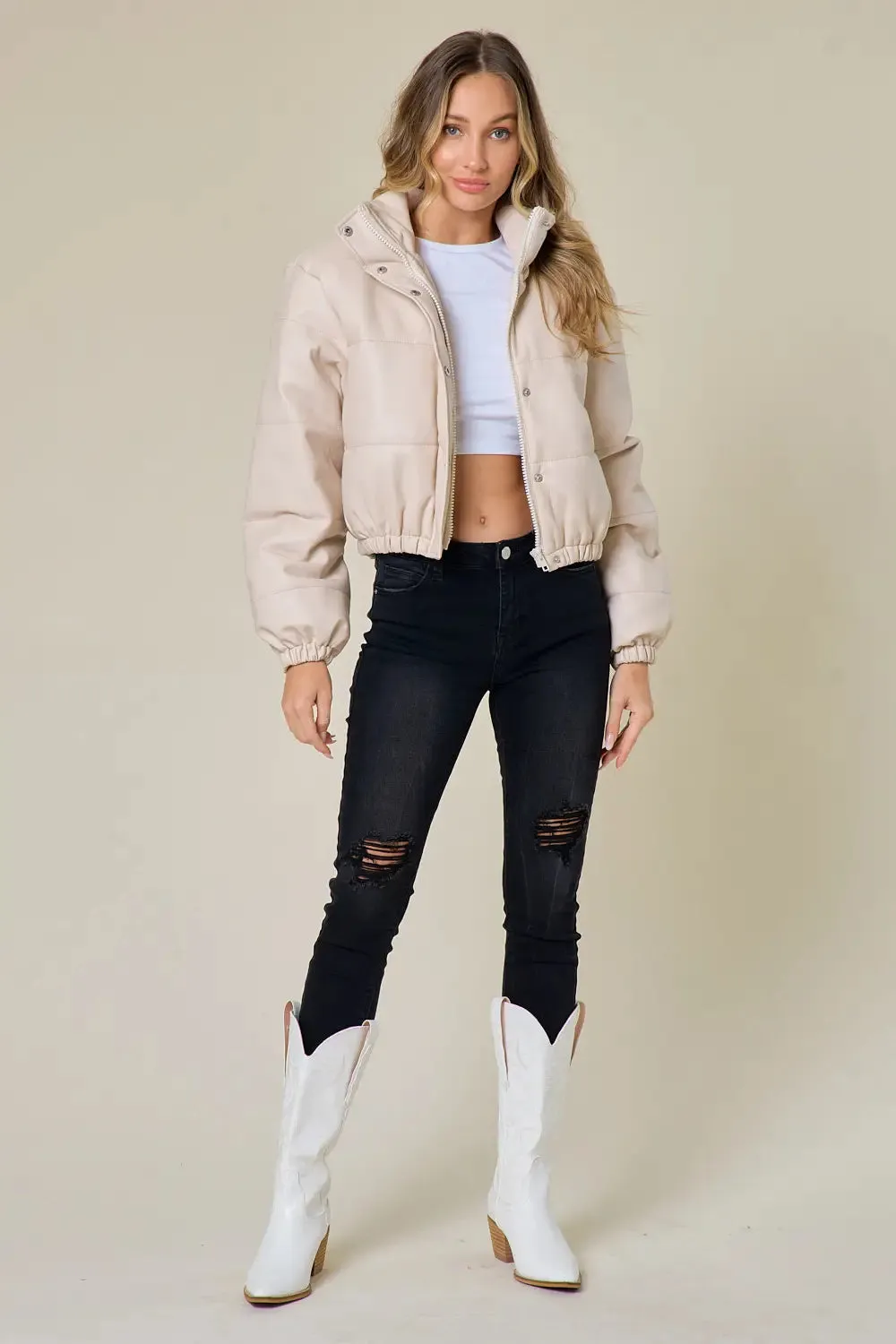 Cream Leather Puffer Jacket