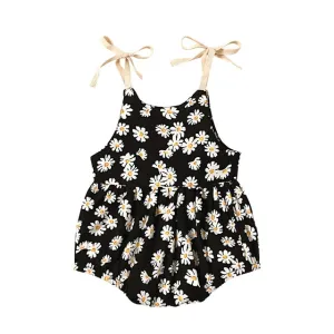 Daisy Print Cotton Tie Shoulders Romper , Color - Black