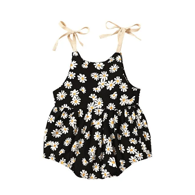 Daisy Print Cotton Tie Shoulders Romper , Color - Black