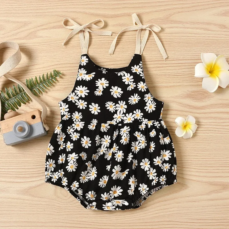 Daisy Print Cotton Tie Shoulders Romper , Color - Black