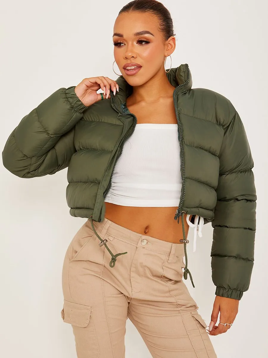 Dora Cropped Puffer Jacket In Khaki