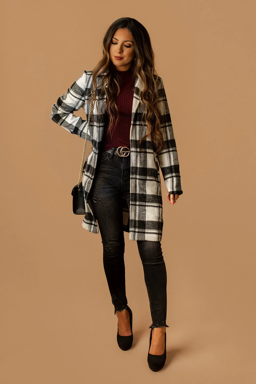 Edison Lapel Collar Plaid Coat (Black   White)