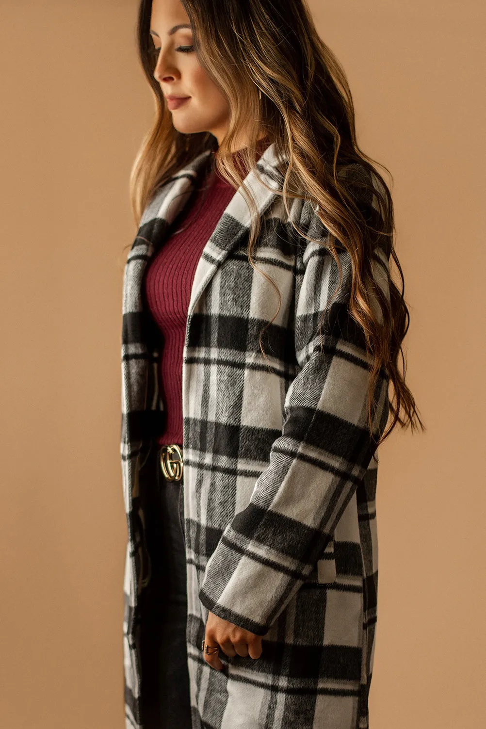Edison Lapel Collar Plaid Coat (Black   White)