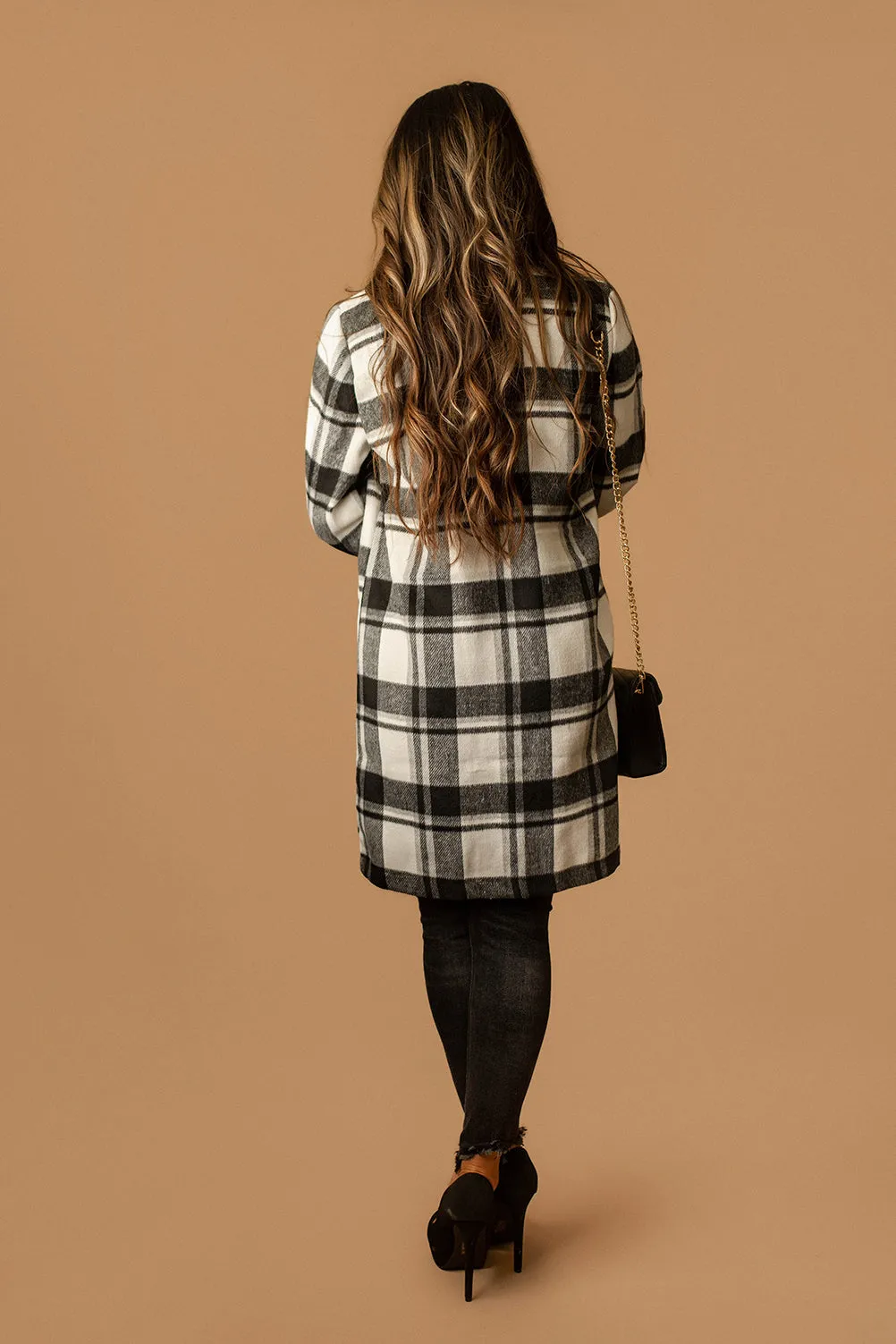 Edison Lapel Collar Plaid Coat (Black   White)