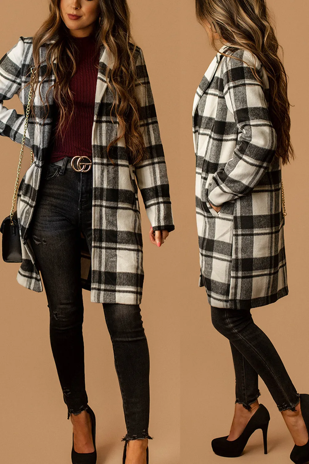 Edison Lapel Collar Plaid Coat (Black   White)