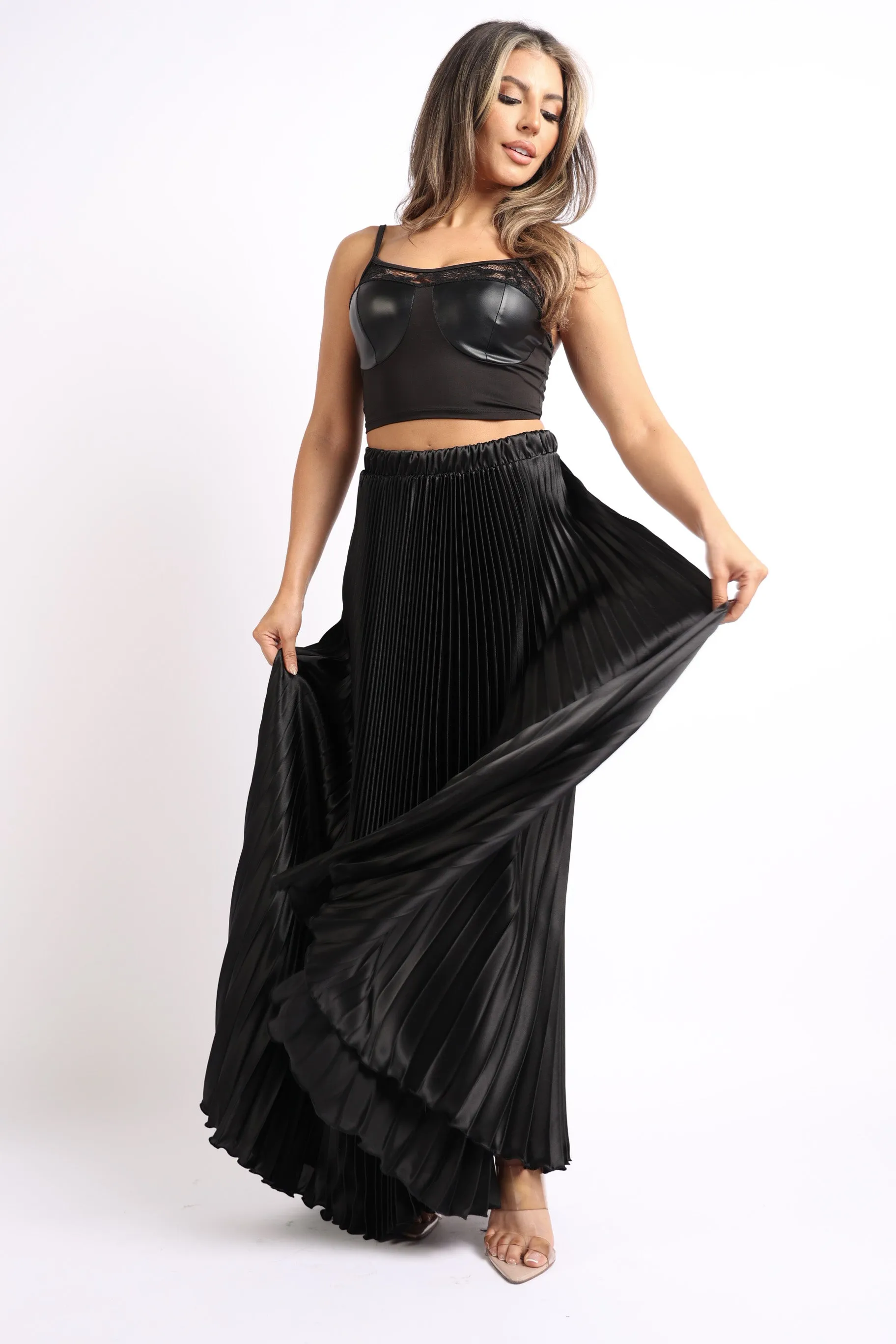 Elastic High Waist A-Line Pleated Satin Maxi Skirt Black