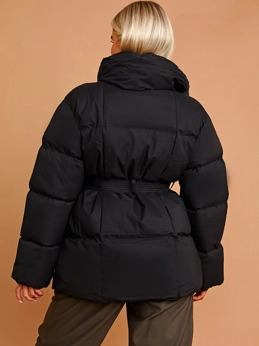 Ellie Oversized Padded Jacket With Belt In Black