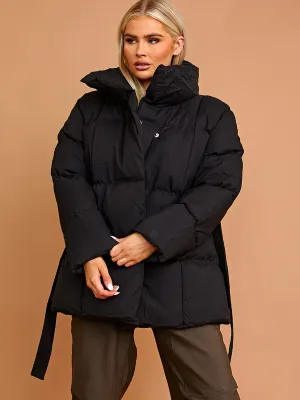 Ellie Oversized Padded Jacket With Belt In Black