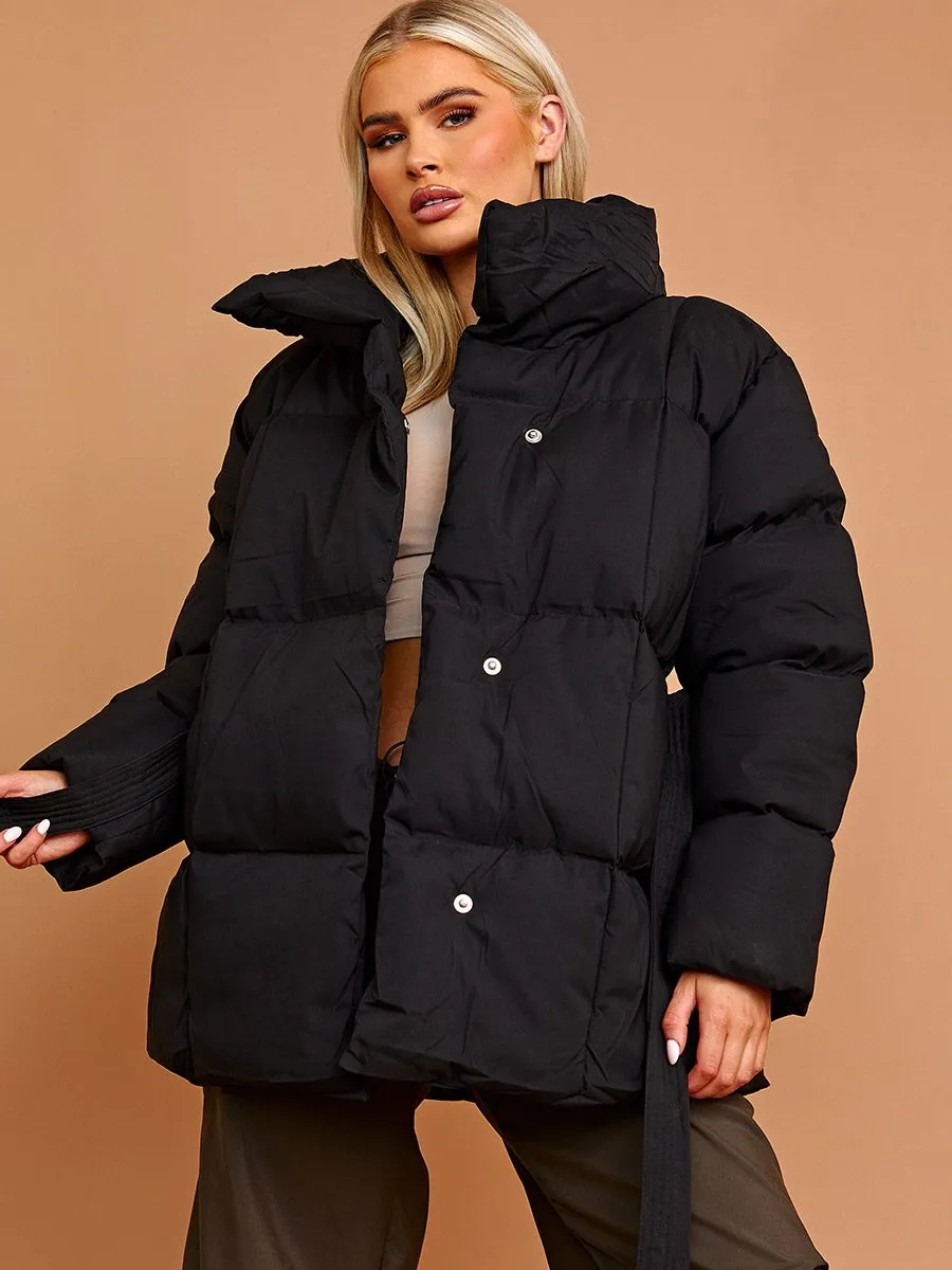 Ellie Oversized Padded Jacket With Belt In Black