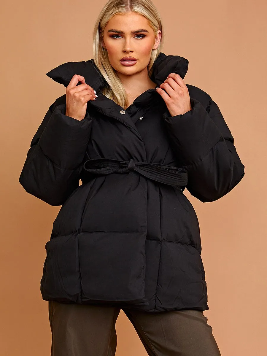 Ellie Oversized Padded Jacket With Belt In Black