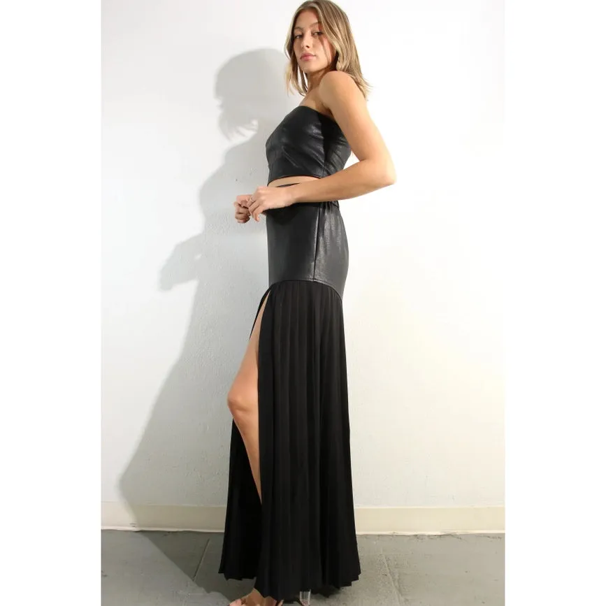 Faux Leather Top And Pleated Slit Skirt Set BLACK/BLACK