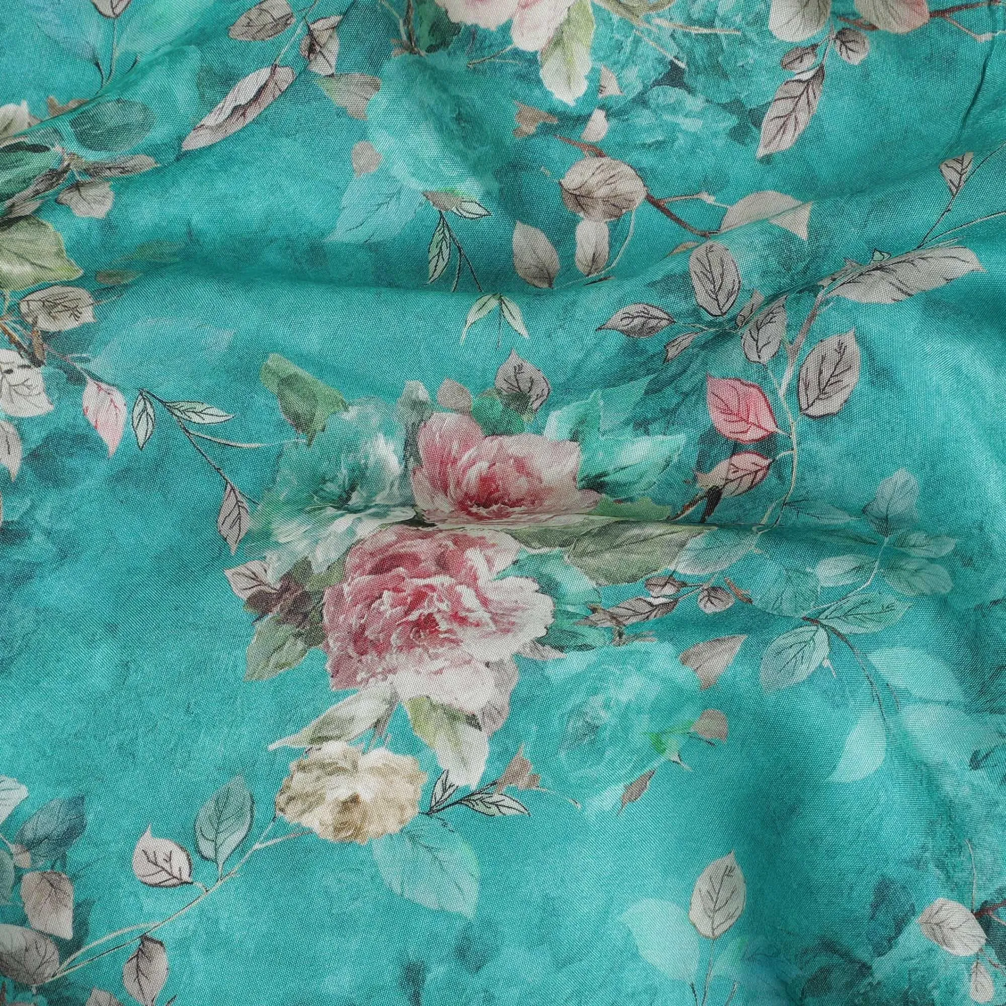 Fountain blue viscose crepe fabric with multicolor print in floral design-D11071