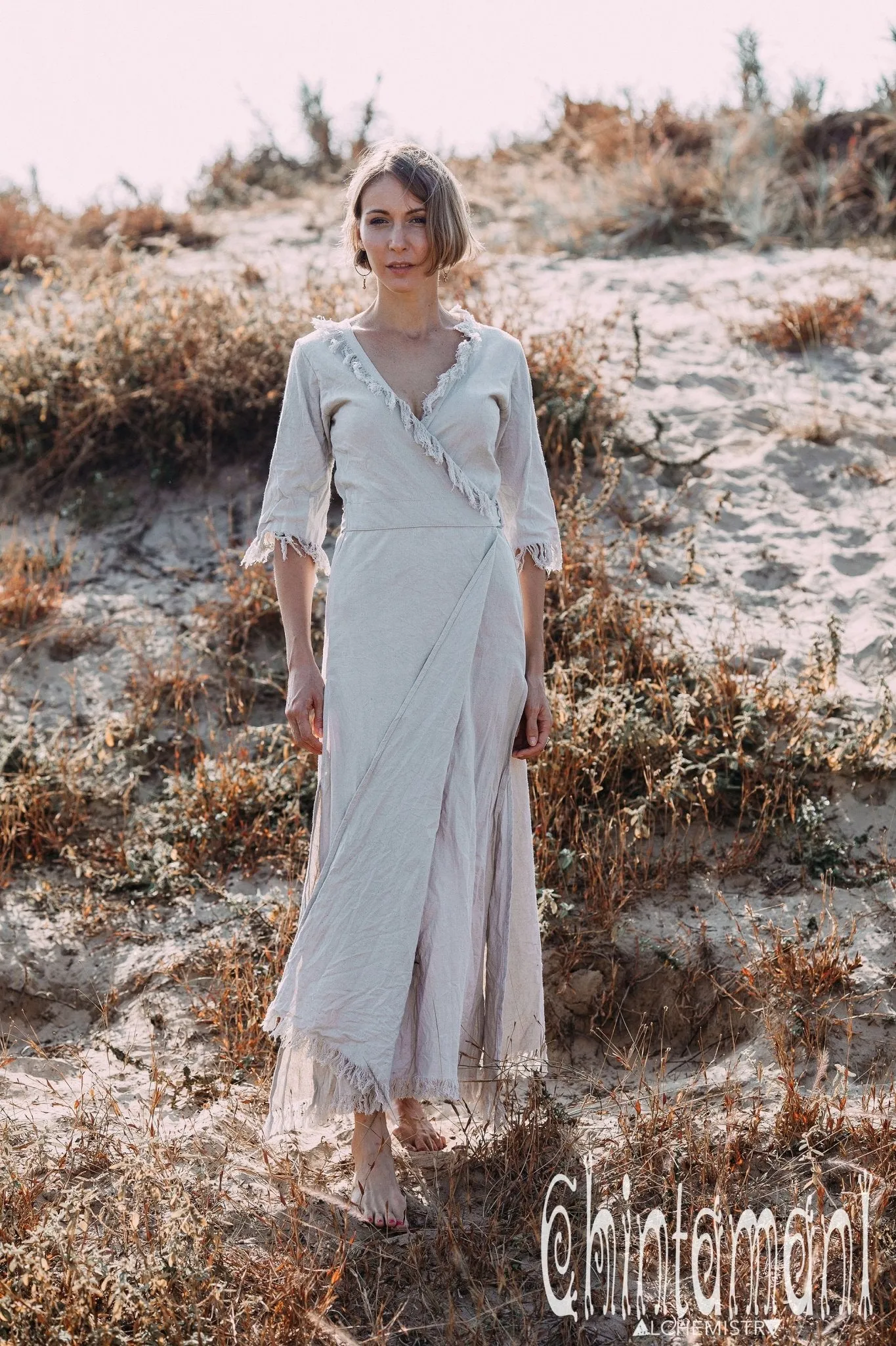 Fringe Wrap Boho Dress - 3/4 Sleeves, Cotton / Light Grey