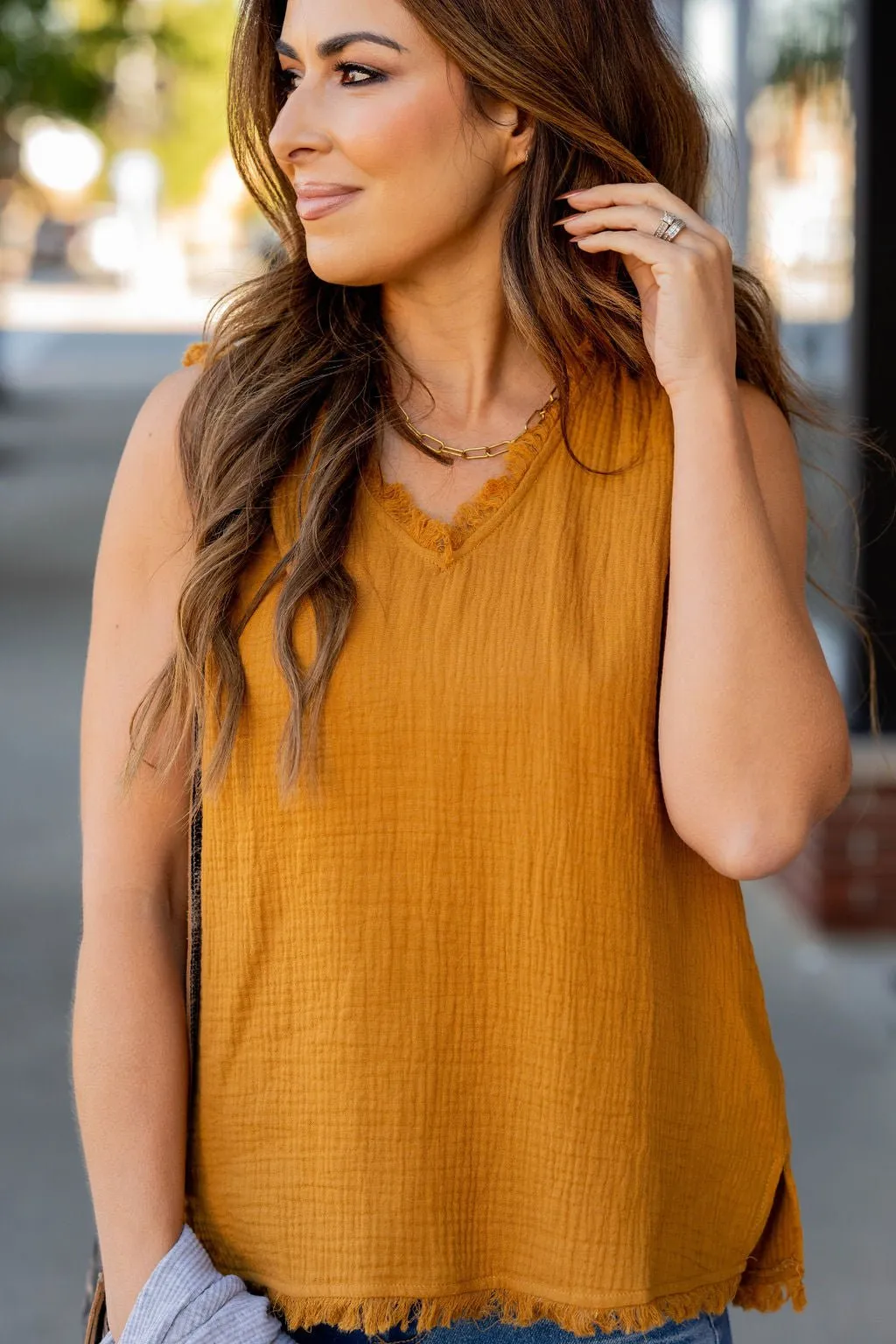 Gauze Frayed Trim V Tank
