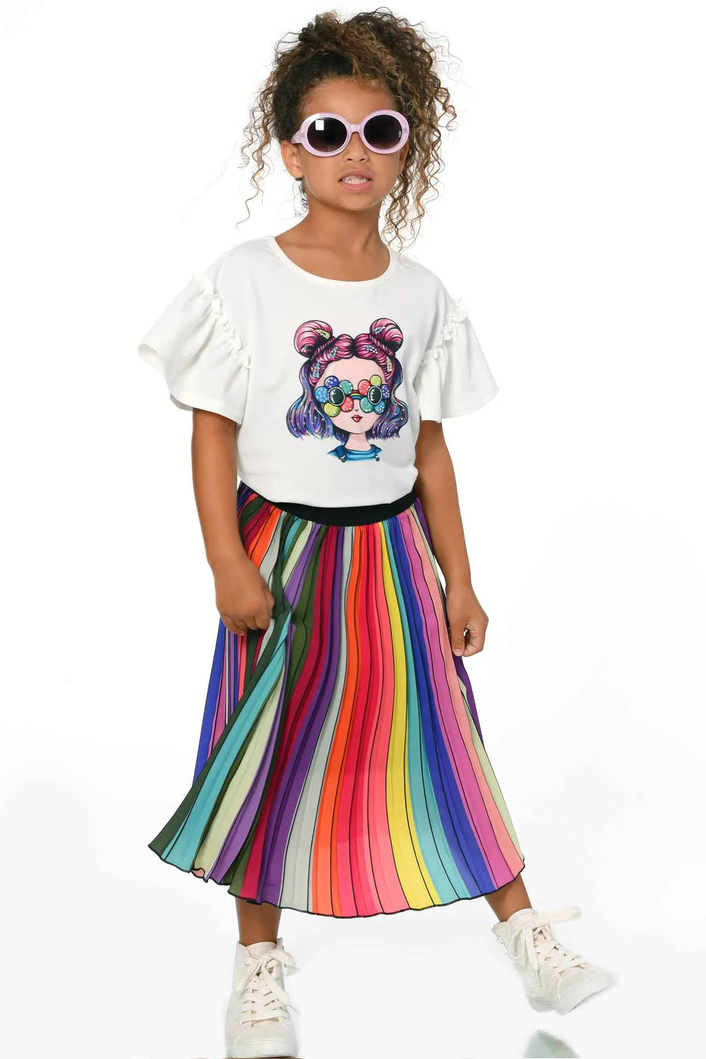 Girls Rainbow Pleated Midi Skirt