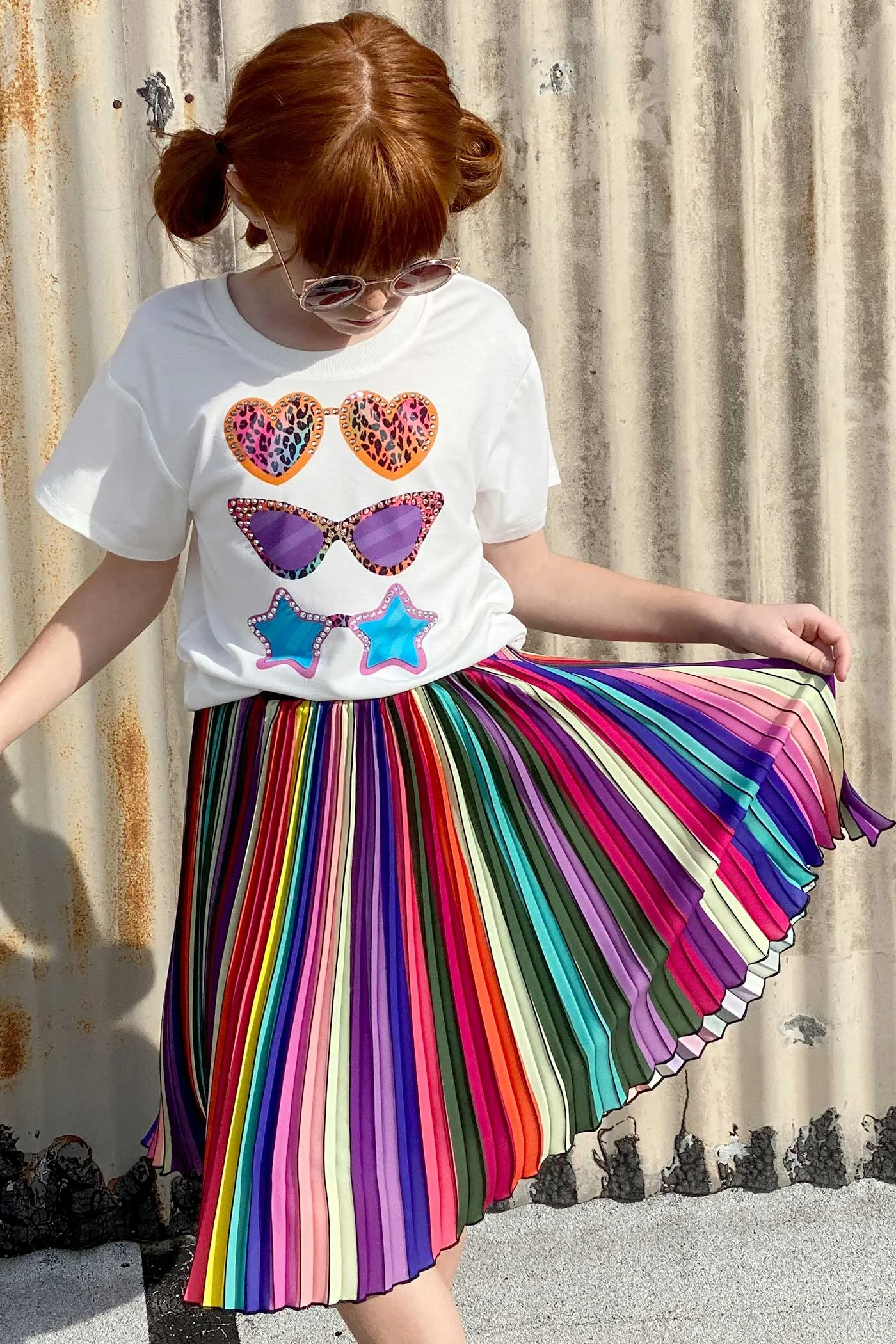 Girls Rainbow Pleated Midi Skirt