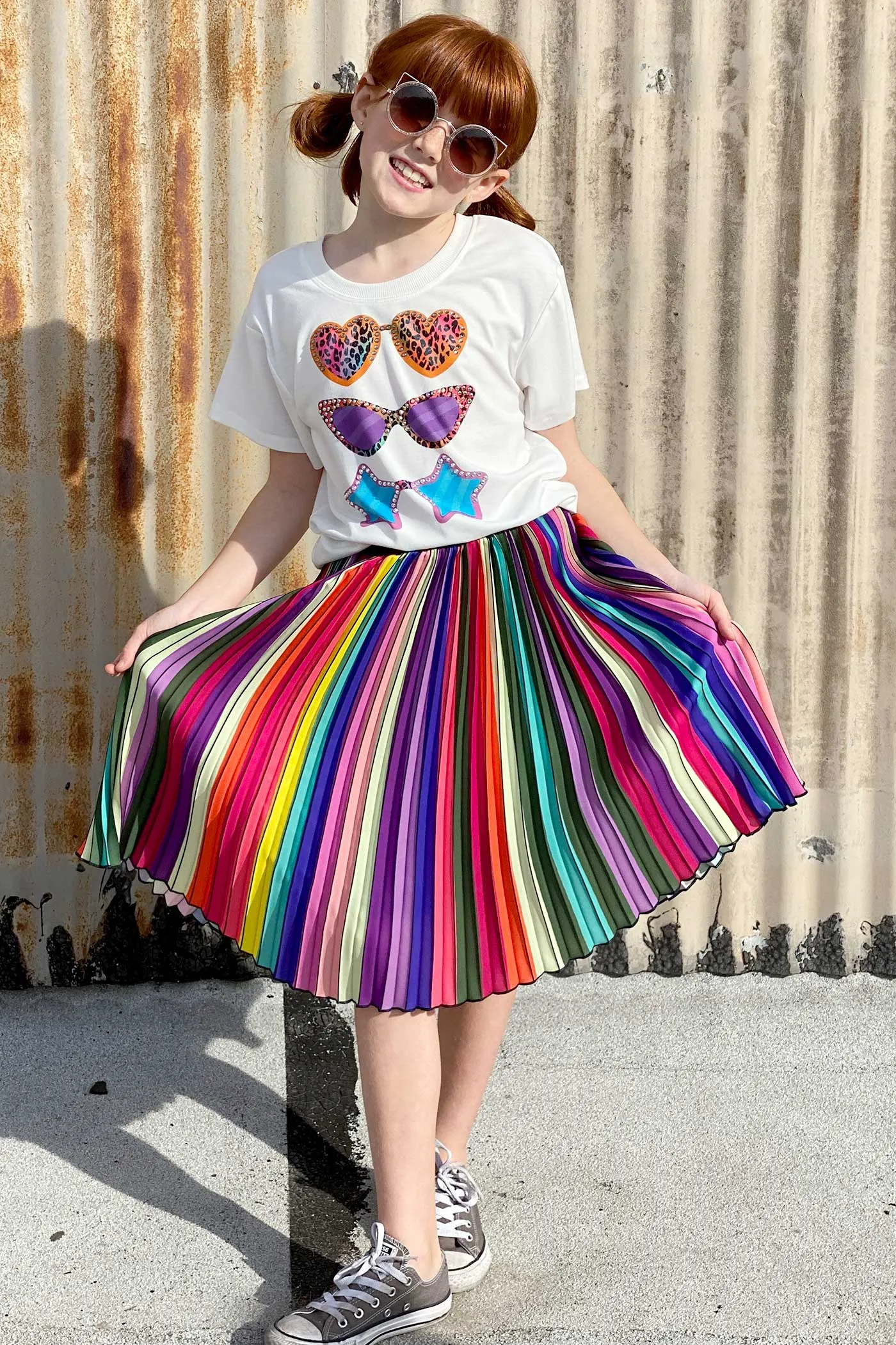 Girls Rainbow Pleated Midi Skirt