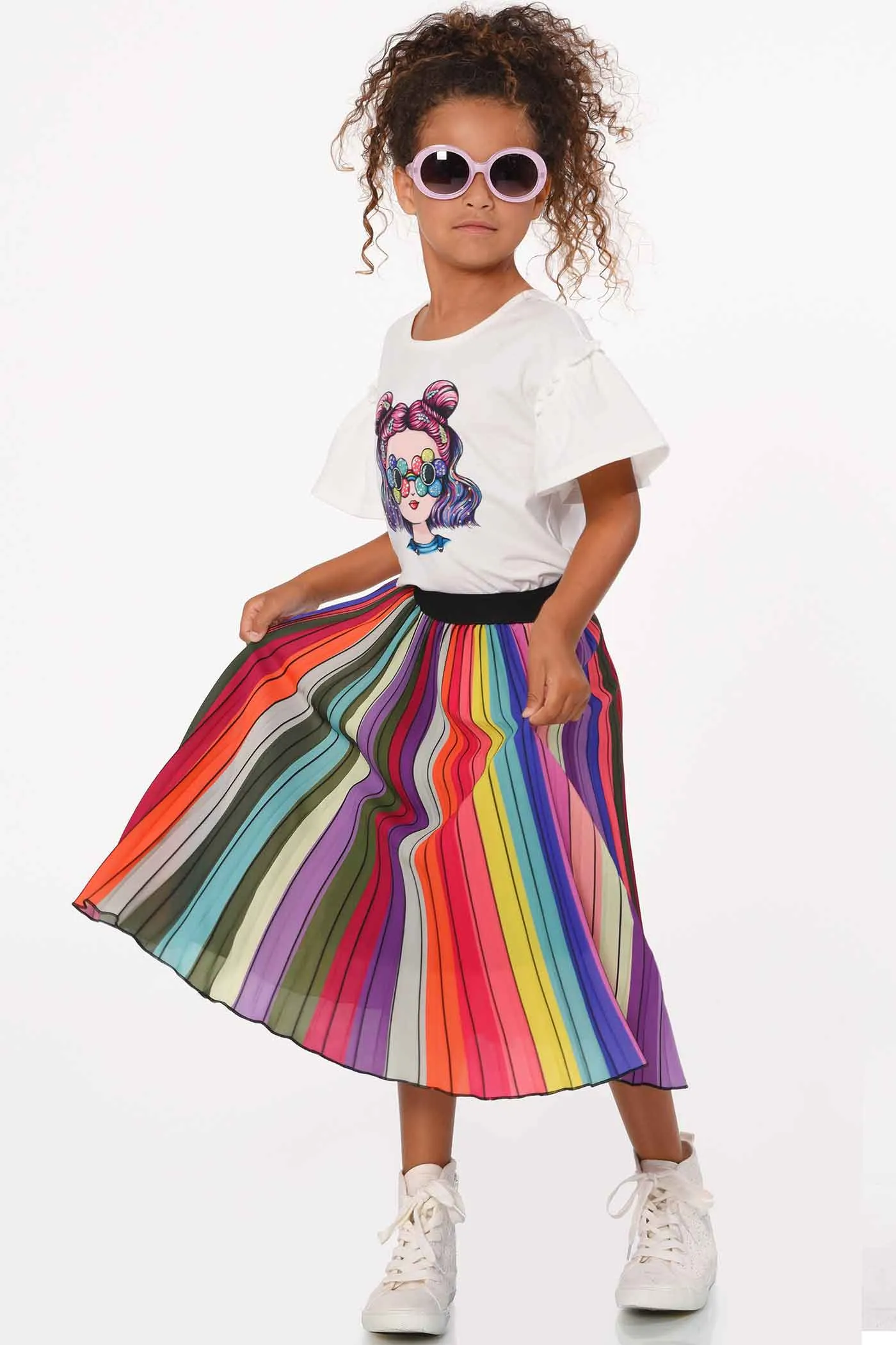 Girls Rainbow Pleated Midi Skirt