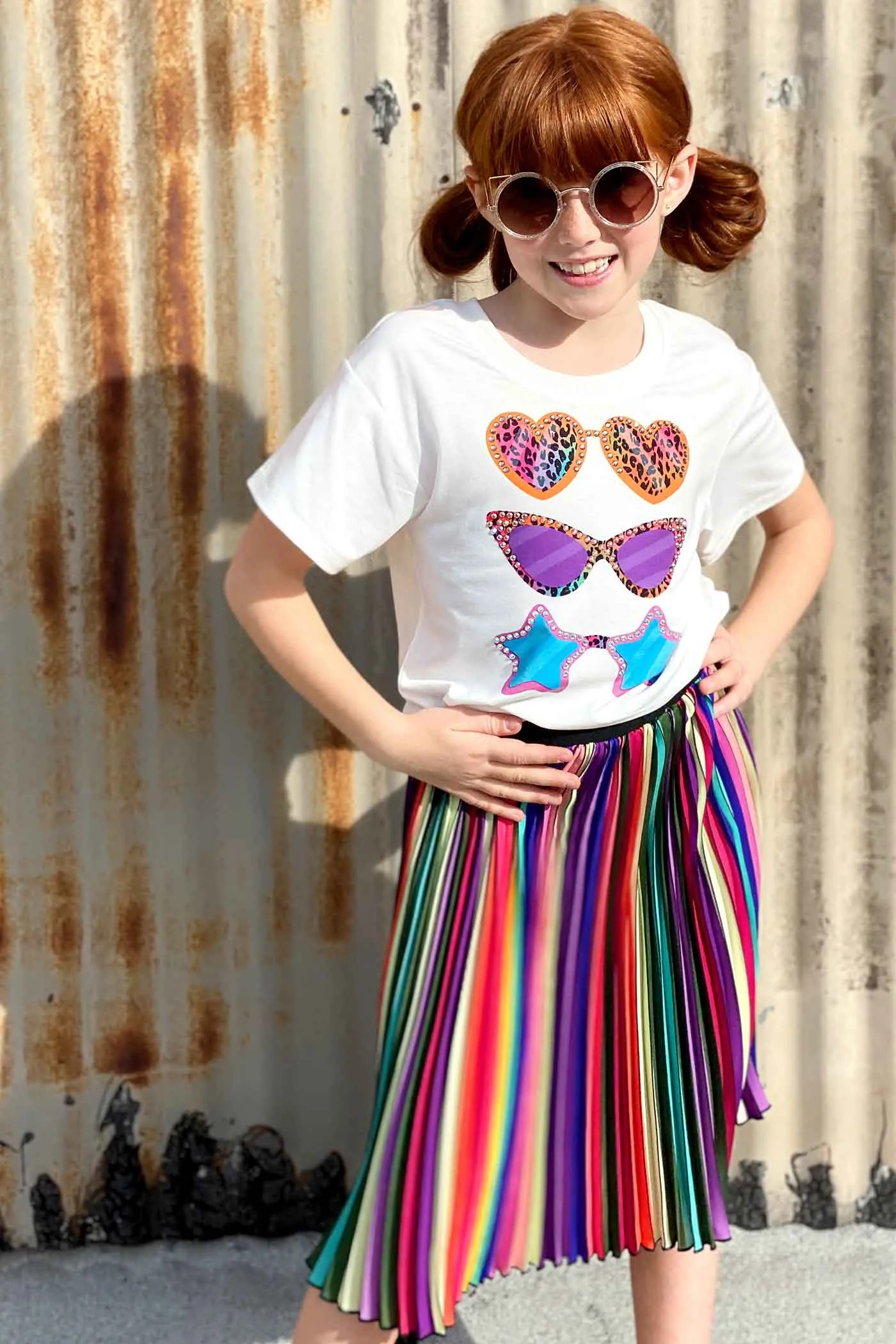 Girls Rainbow Pleated Midi Skirt