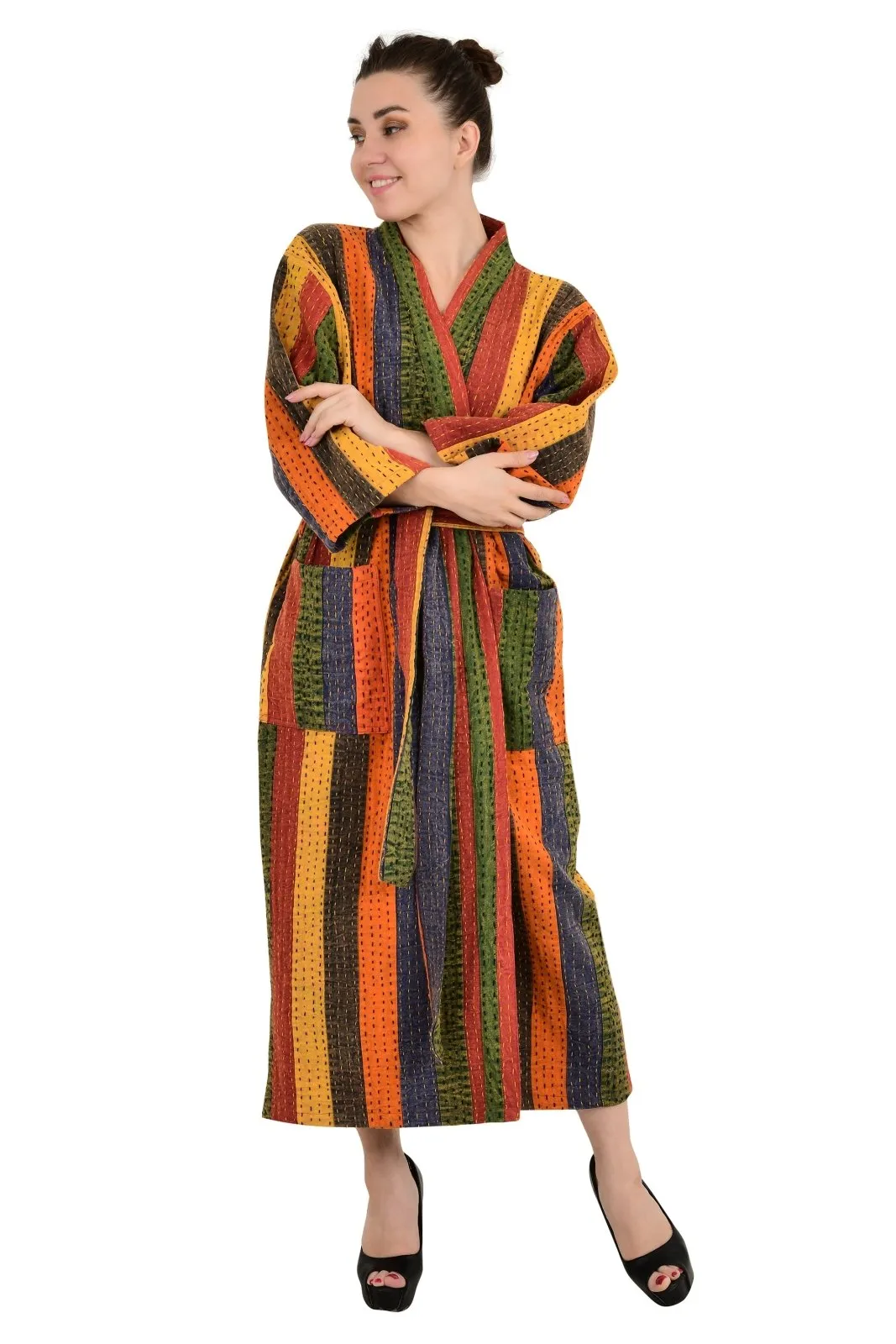 Kantha Pure Cotton Reversible Long Kimono Women Stonewashed Boho Robe
