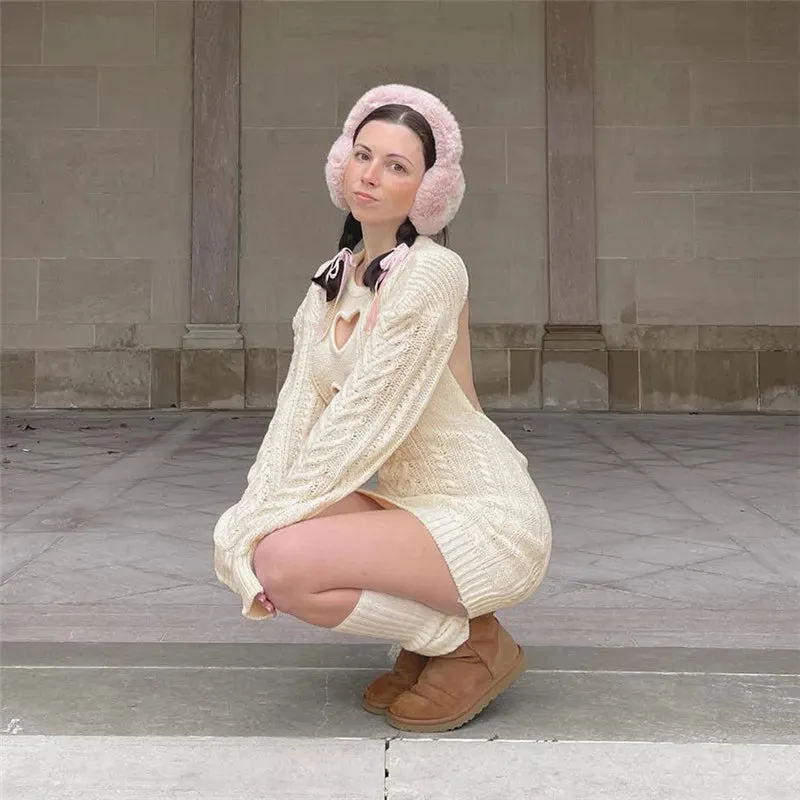 Knit Sweater Heart Charming Cut-Out Mini Dress