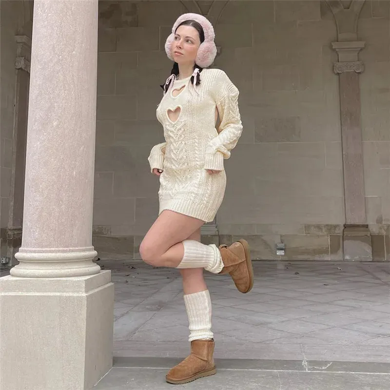 Knit Sweater Heart Charming Cut-Out Mini Dress