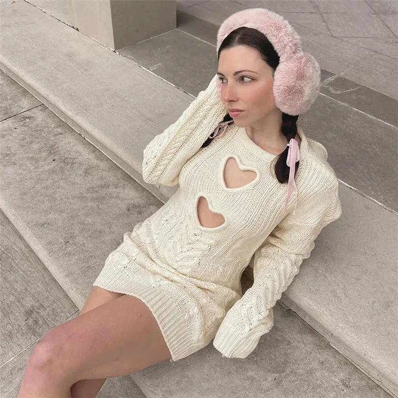 Knit Sweater Heart Charming Cut-Out Mini Dress