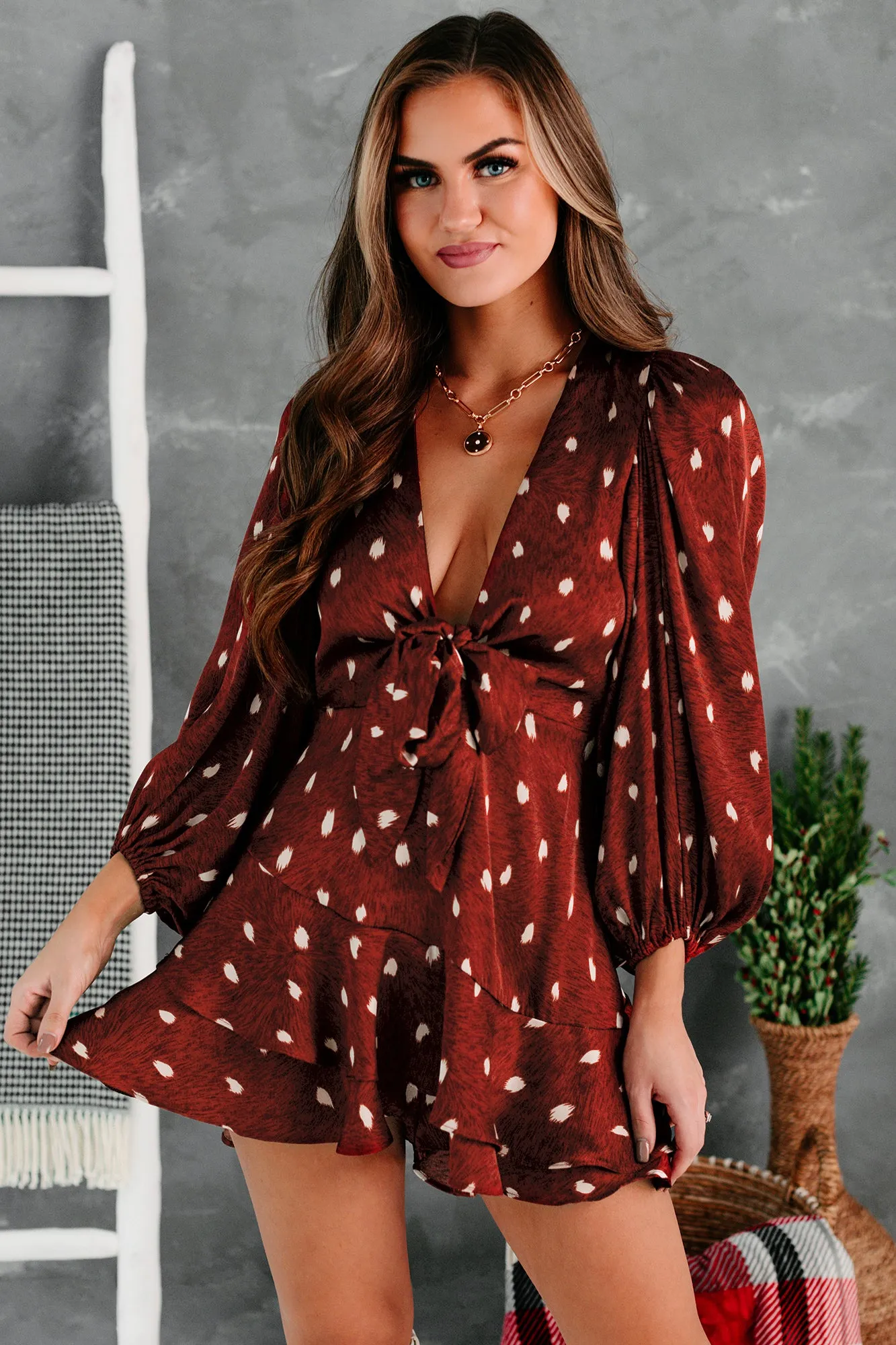 Leaving An Impression Spotted Tie-Front Romper (Rust)