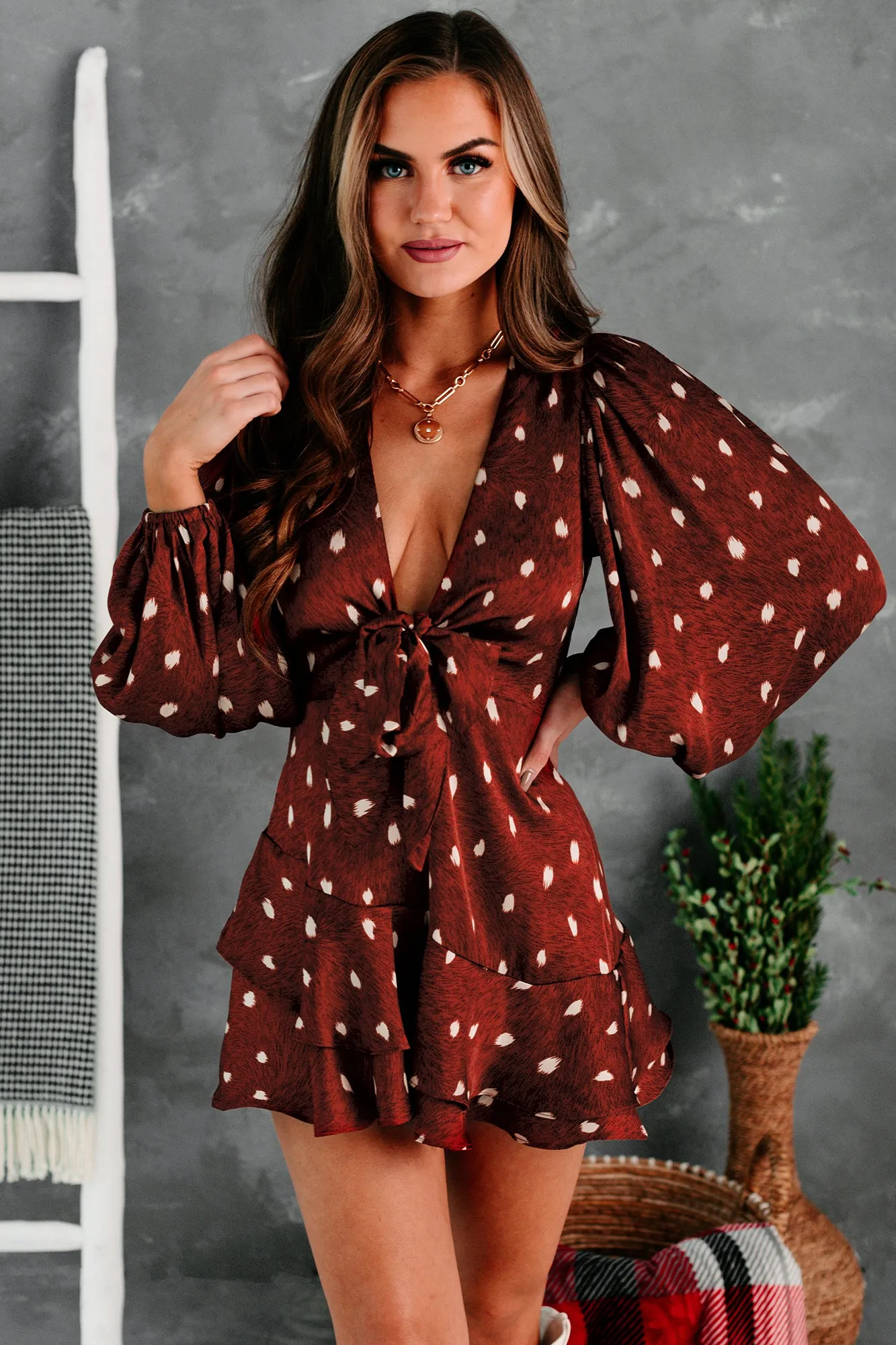 Leaving An Impression Spotted Tie-Front Romper (Rust)
