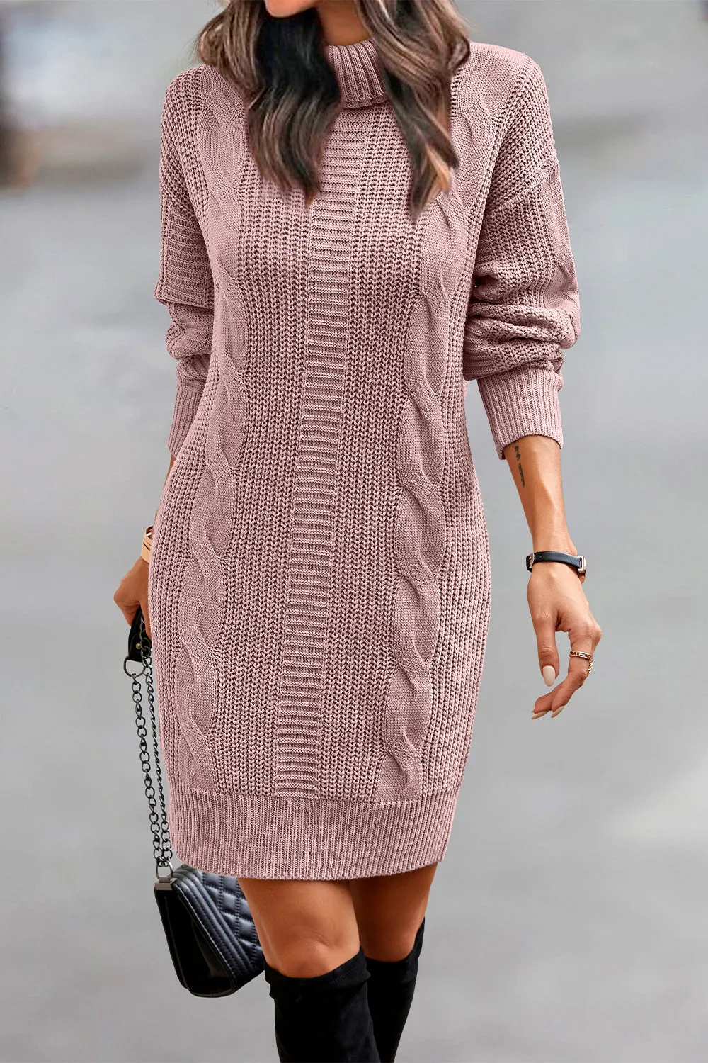 Long Sleeve Turtleneck Plain Winter Knit Sweater Dress