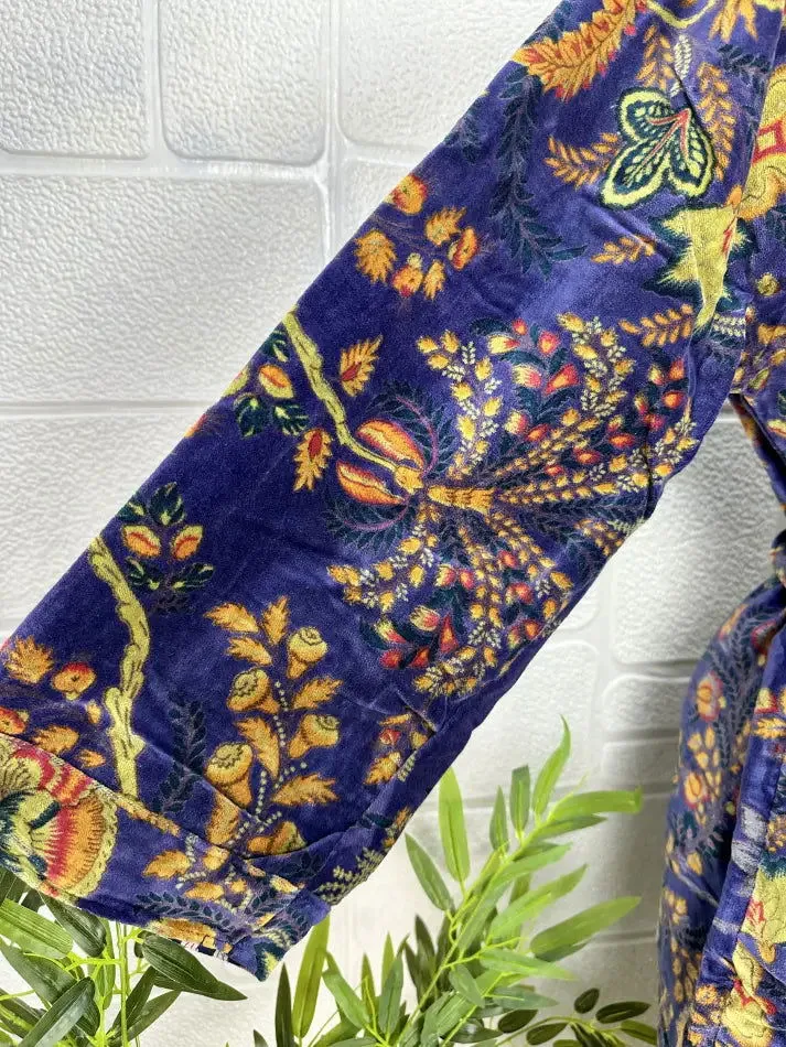 Luxury Velvet House Robe Unisex Kimono Jacket Reversible Silk Lined Autumn Winter Gift Elegant Floral Blue Malibu Bluish Valentine Love